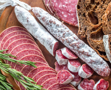 Different kinds of salami with dark-rye bread